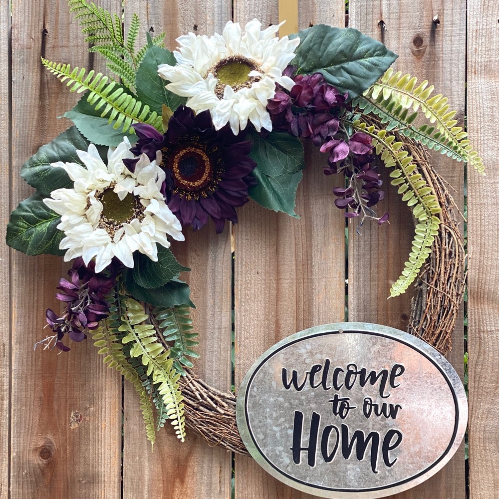 Handmade deep purple sunflower wreath